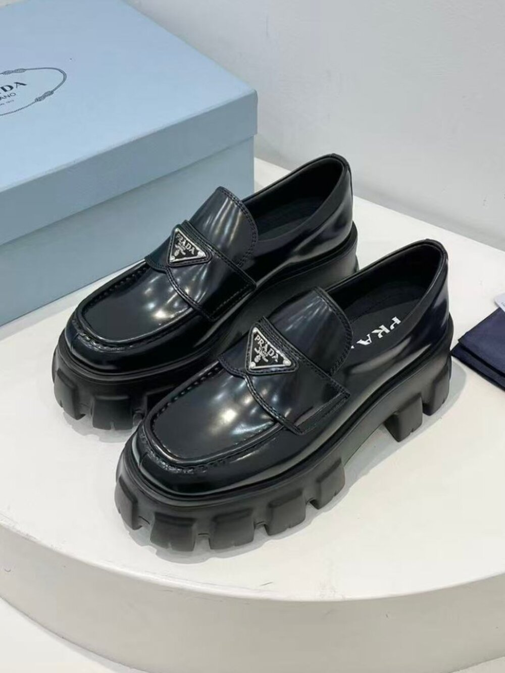 Prada Black Monolith Chunky Lug‑Sole Loafers Triangle Logo